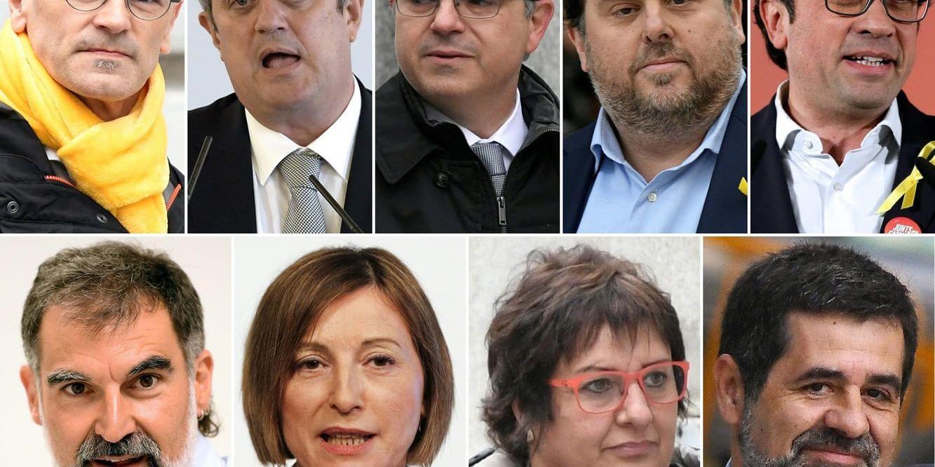 Nio av de åtalade sitter häktade: Raül Romeva, Joaquim Forn, Jordi Turrull, Oriol Junqueras, Josep Rull, Jordi Cuixart, Carme Forcadell, Dolors Bassa och Jordi Sànchez. Arkivbild.