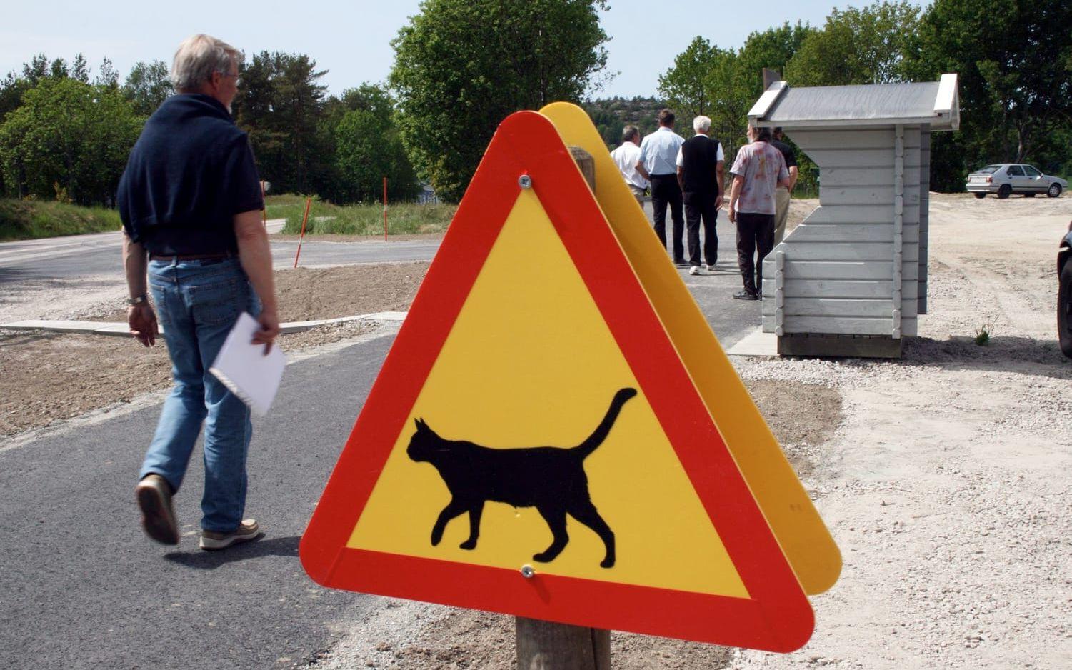 Varningen för att katter ska korsa vägen fyller säkert sin funktion.