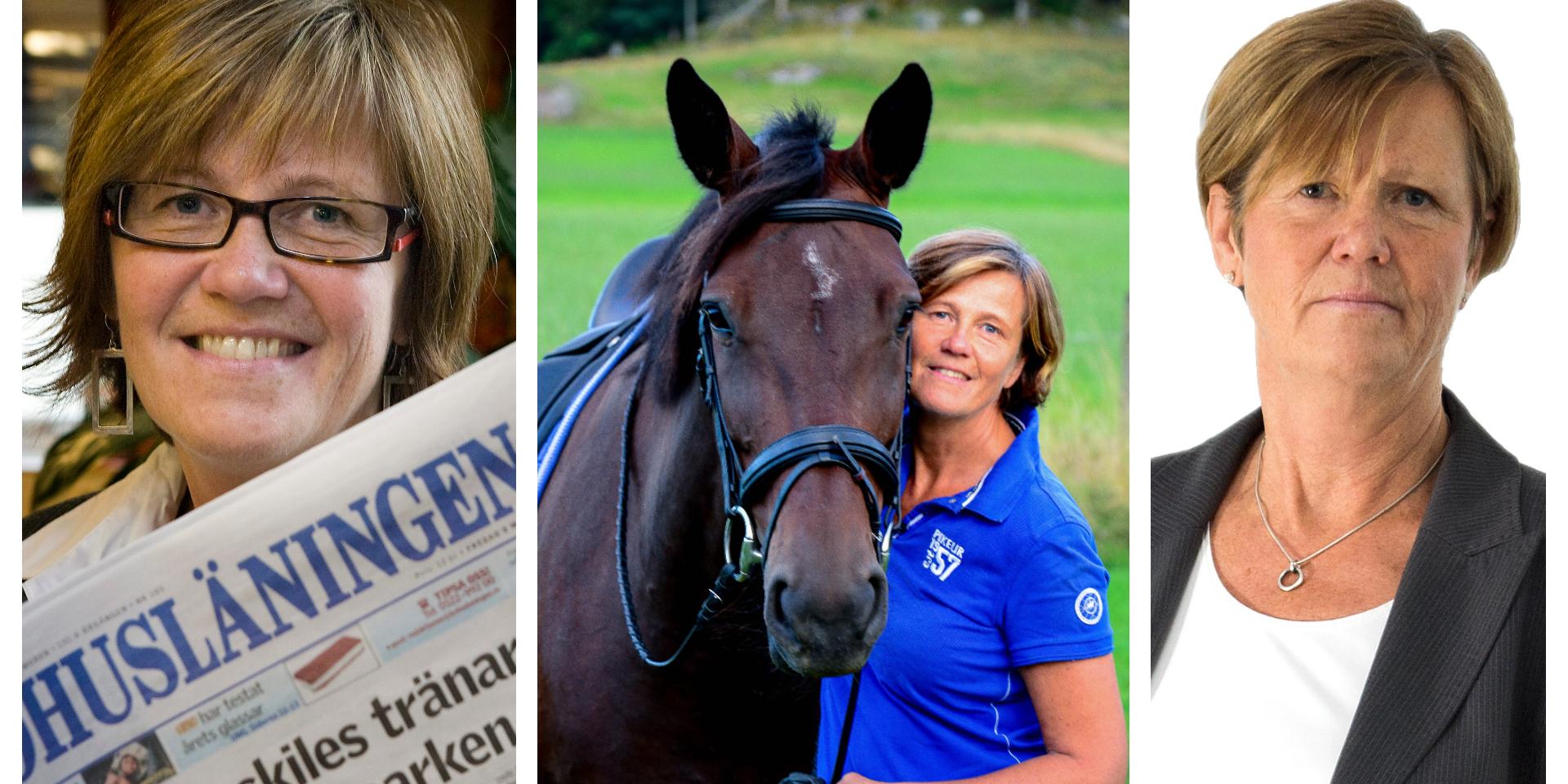 Till vänster: Ingalill Sundhage år 2009 när hon presenterades som ny chefredaktör, i mitten: år 2014 med häst, till höger: idag. 