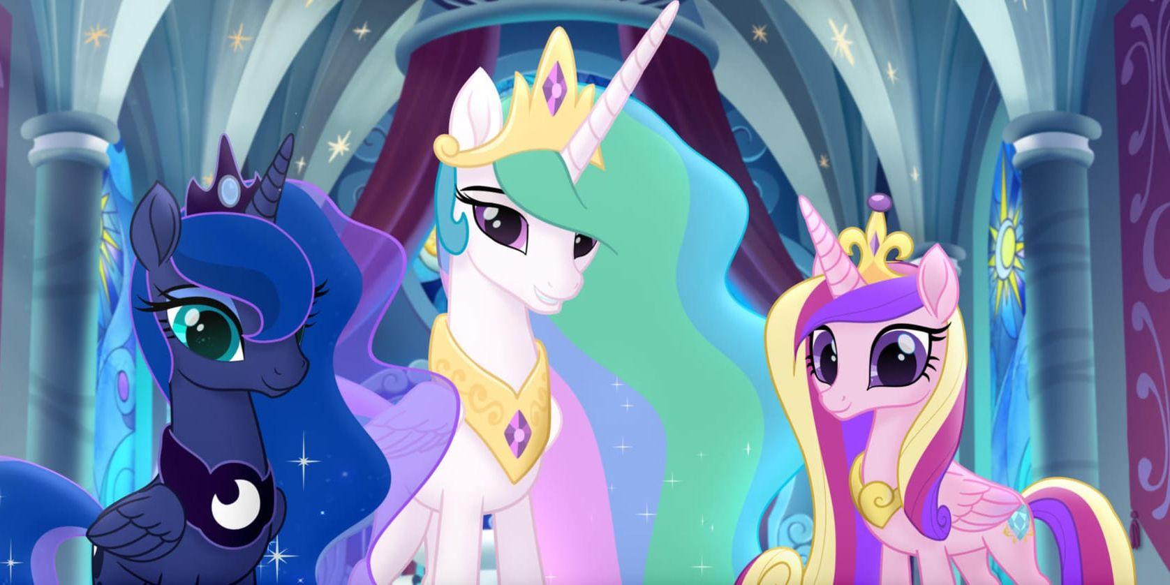 Prinsessan Luna, Prinsessan Celestia och Prinsessan Cadence i "My little pony"-filmen. Pressbild.