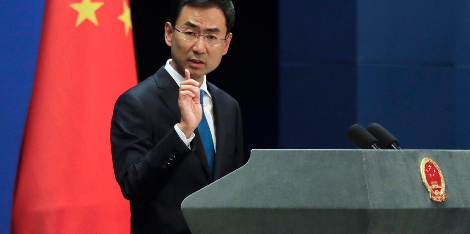 Det kinesiska utrikesdepartementets talesperson Geng Shuang under en presskonferens i Peking i september 2017. Arkivbild.