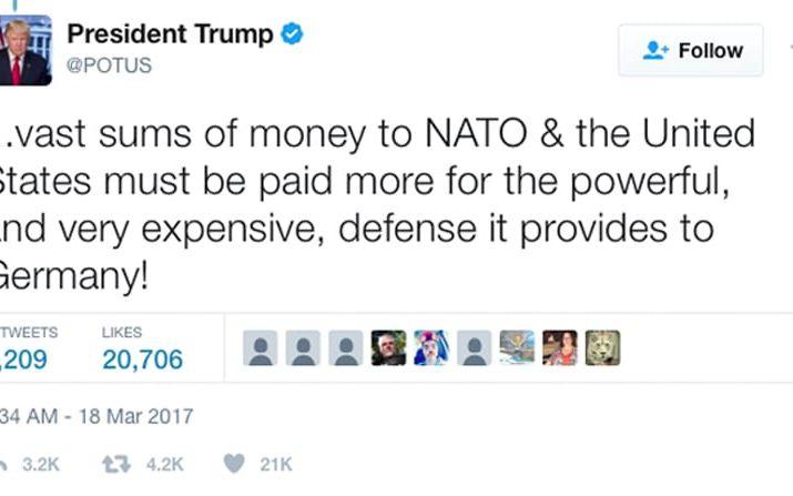 18 MARS: Dagen efter mötet med Merkel tweetar Trump att Tyskland och Europa är skyldiga Nato "massor av pengar" och att USA ska få mer betalt. Foto: TT