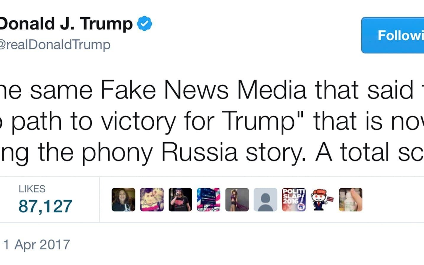 1 APRIL: Trump tar till Twitter för att attackera medierna. Foto: TT