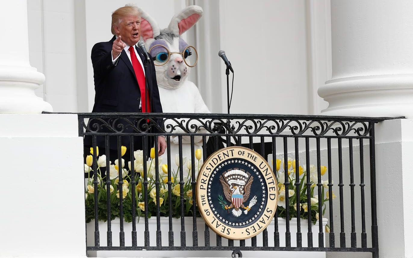 17 APRIL: Trump och påskharen talar från balkongen under det årliga eventet White House Easter Egg Roll. Foto: TT