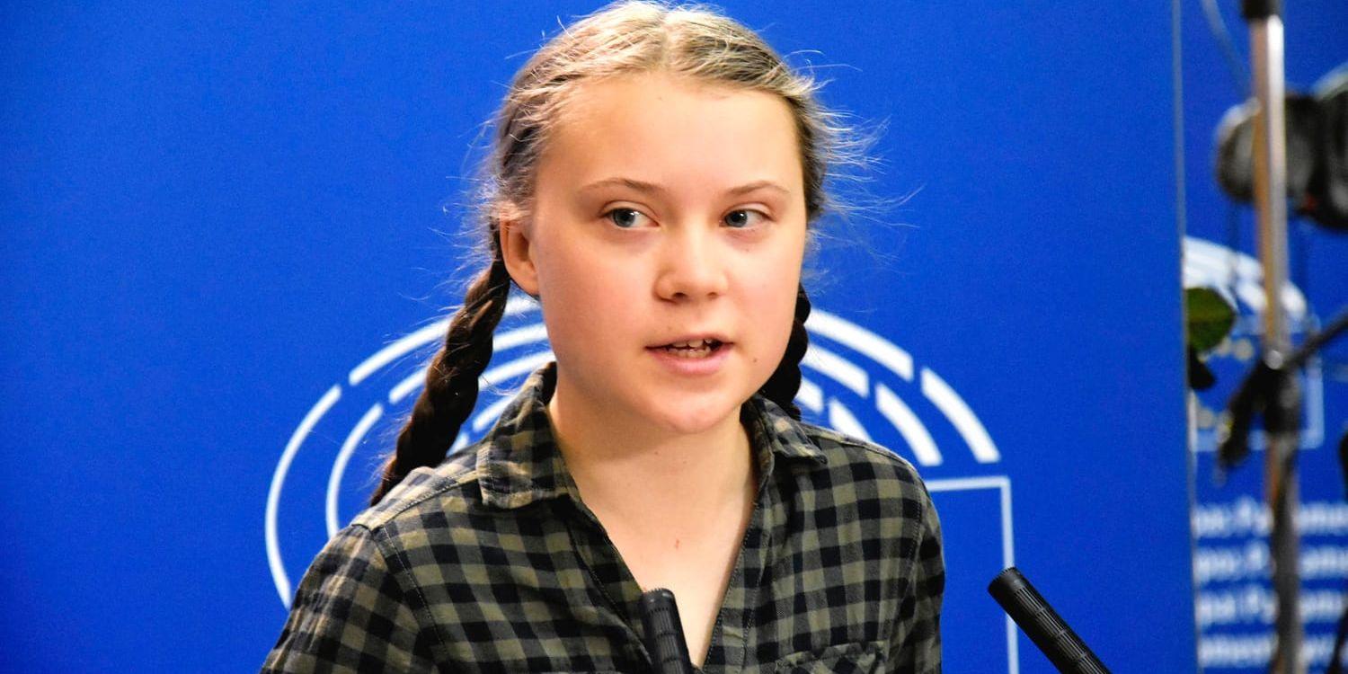 Klimataktivisten Greta Thunberg håller presskonferens i EU-parlamentet i Strasbourg i april i år. Arkivbild.