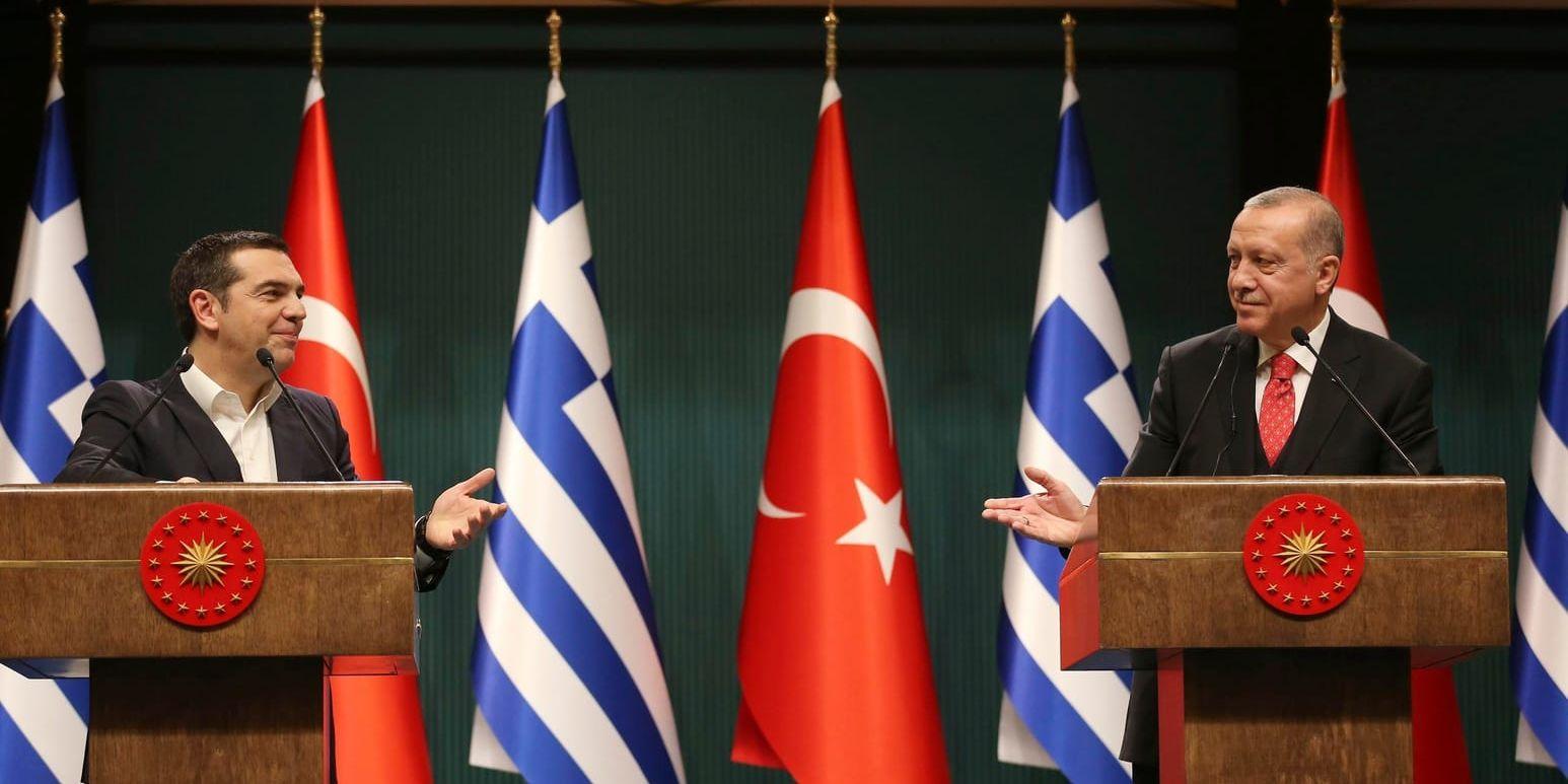 Greklands Alexis Tsipras och Turkiets Recep Tayyip Erdogan i Ankara.
