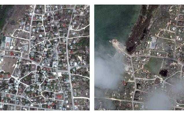 Barbuda och Antigua. 24:e april 2014 till vänster och 8:e september till höger. Satellitbild: Digital Globe via AP.