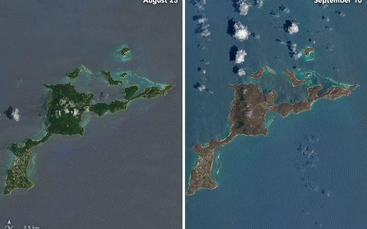 Virgin Gorda, en ö i ögruppen Brittiska Jungfruöarna. 25:e augusti till höger och 8:e till vänster. Vattnet ser blåare och ljusare ut efter stormen. Enligt NASA är det troligtvis för att en ojämnare grund sprider ljus som gör att det ser ljusare ut. Satellitbild: NASA Earth Observatory.