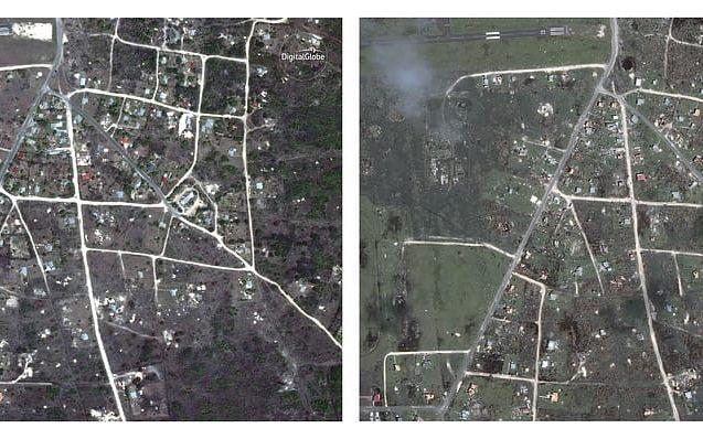 Barbuda och Antigua. 24:e april 2014 till vänster och 8:e september till höger. Satellitbild: Digital Globe via AP.