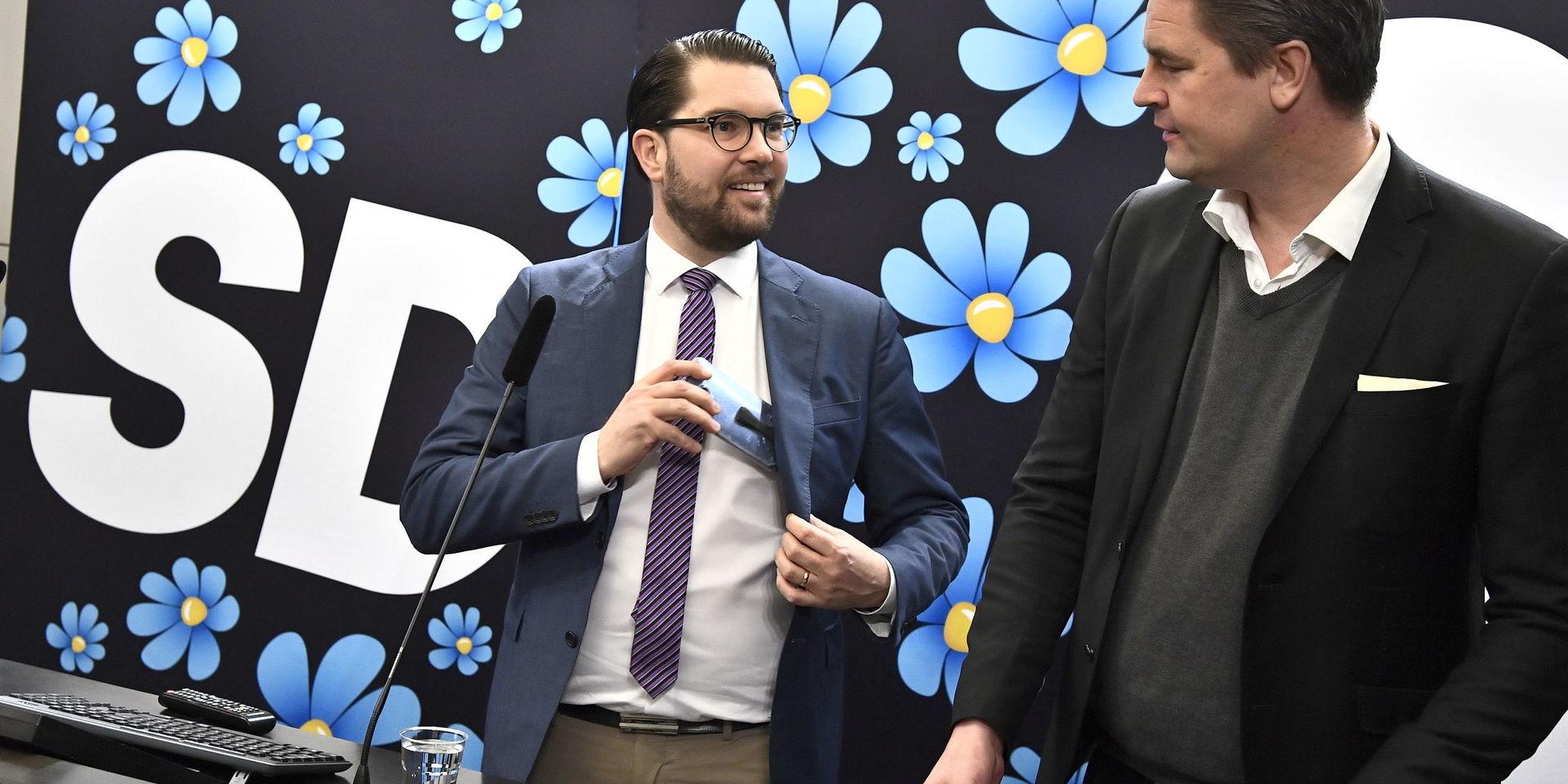 Känner sig nöjda. Sverigedemokraterna Jimmie Åkesson och Oscar Sjöstedt röstade för M och KD:s gemensamma budgetreservation. 