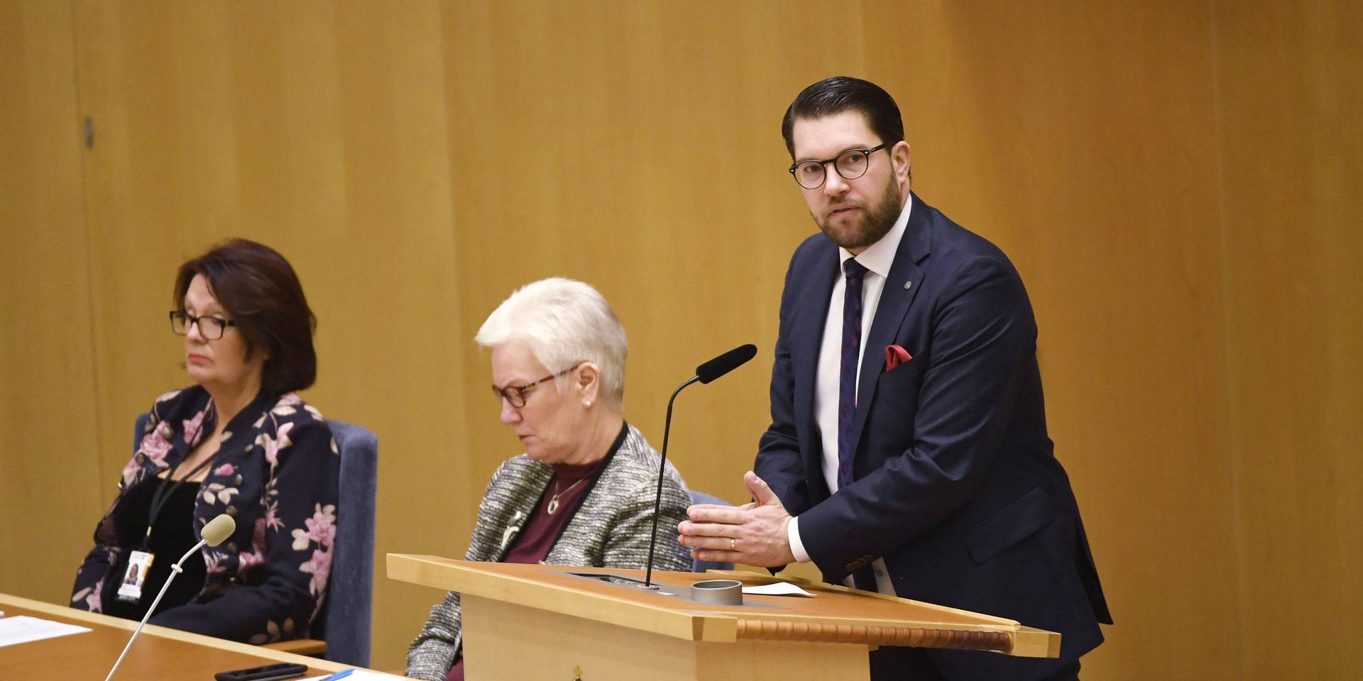 STOCKHOLM 20181114: Sverigedemokraternas partiledare Jimmie Åkesson (SD) i plenisalen inför statsministeromröstningen i riksdagen. I dag väntas Moderatledaren Ulf Kristersson bli den förste statsministerkandidat sedan enkammarriksdagen infördes som inte godkänns av riksdagen.