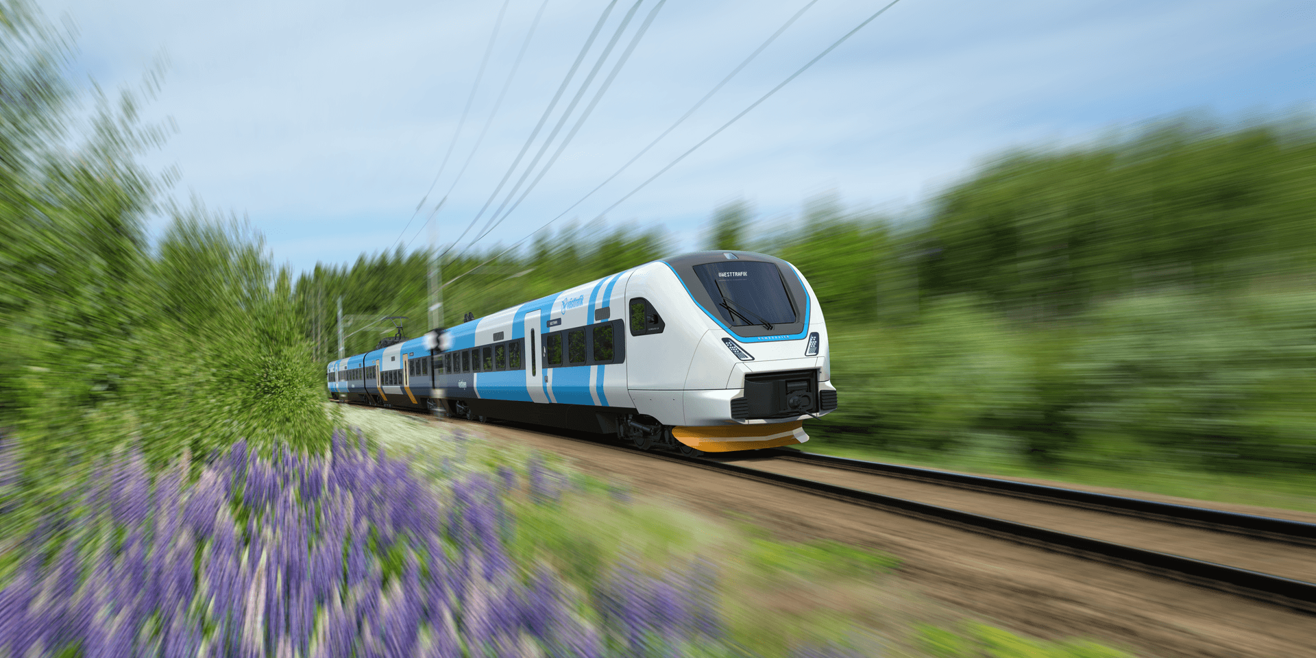 Designskiss av Västtrafiks nya tåg. Tågen blir cirka 80 meter långa och får cirka 270 sittplatser per tåg. 