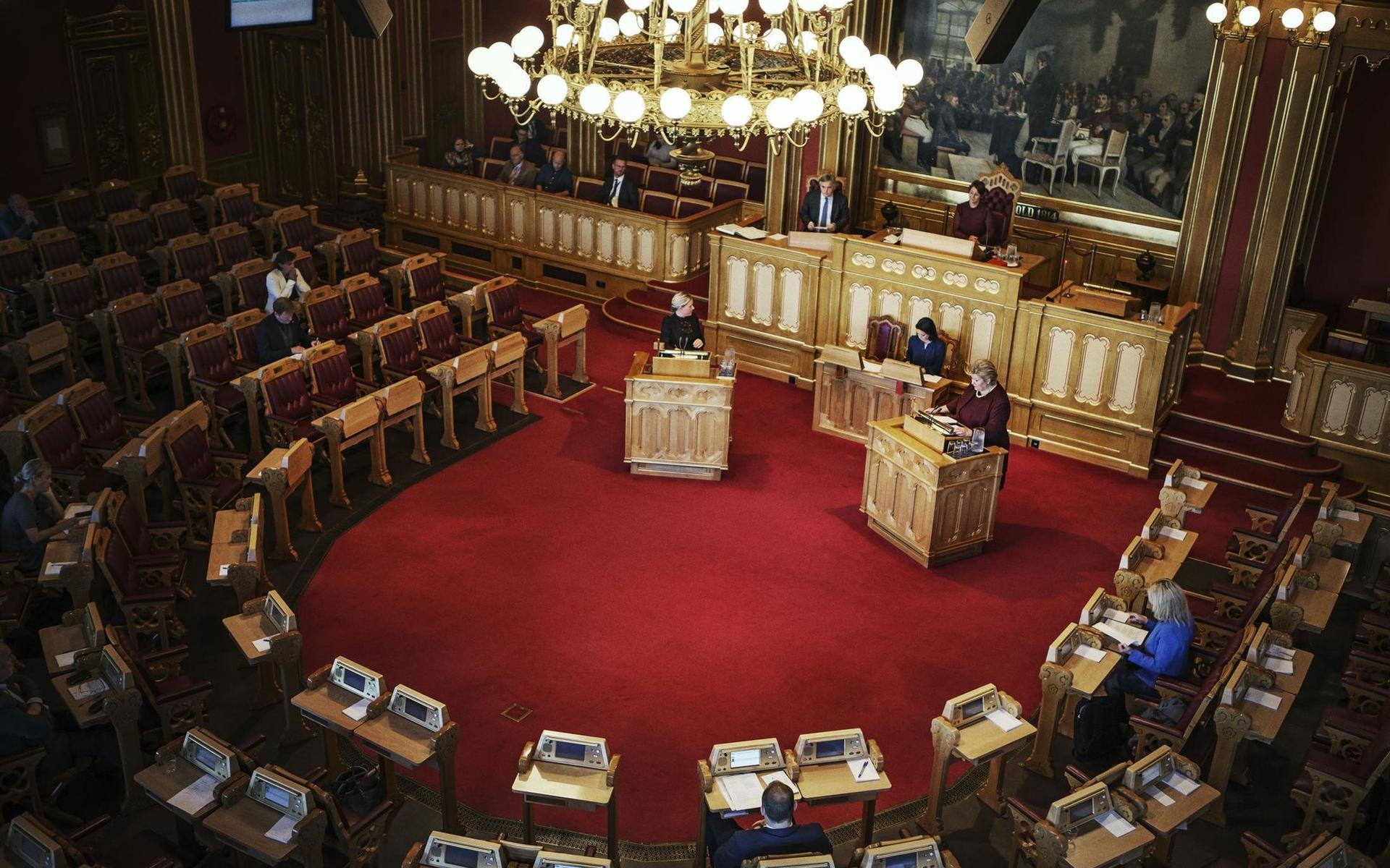 Norges statsminister Erna Solberg i Stortinget i Oslo. 