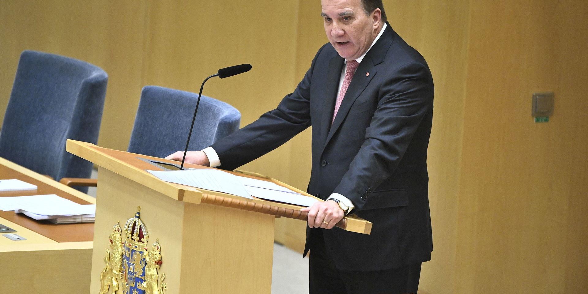 Statsminister Stefan Löfven (S) under den EU-politiska partiledardebatten i riksdagshuset.