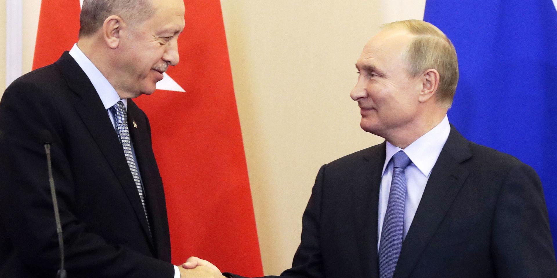 Turkiets president Recep Tayyip Erdogan och Vladimir Putin skakar hand efter parternas samtal i Sotji. 