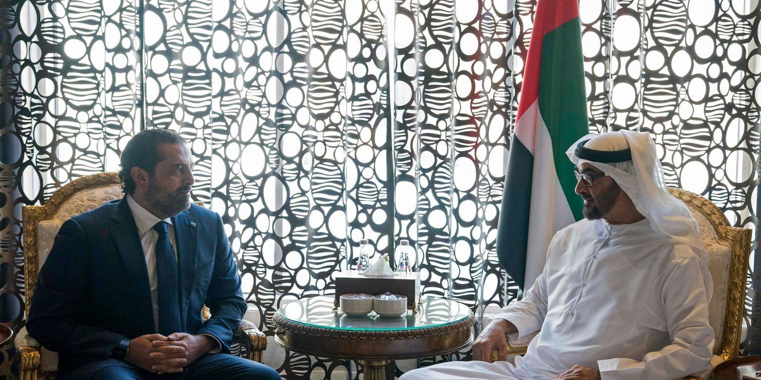Libanons avgående premiärminister Saad al-Hariri (till vänster) och kronprinsen i Abu Dhabi Mohammed bin Zayed Al Nahayan.