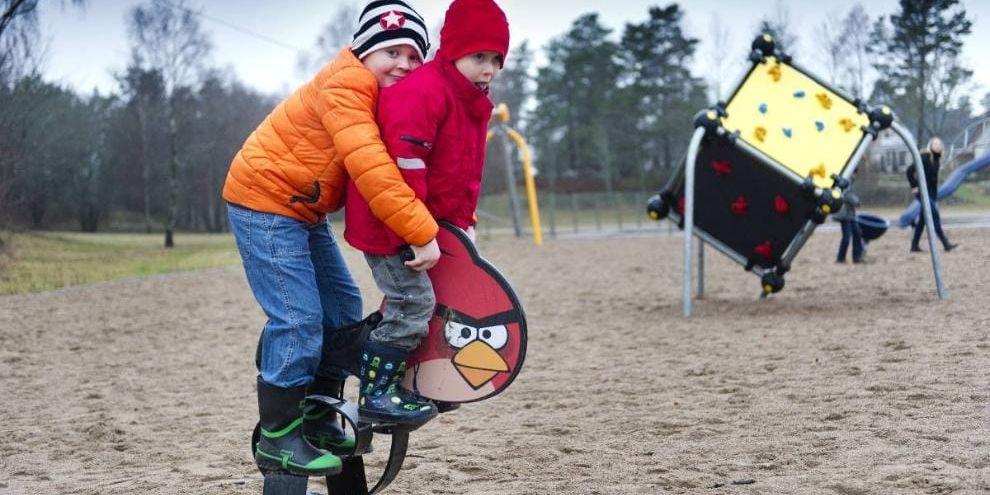 Leksugna. Bröderna Leo, 7 år, och Mio, 5 år, gillar Angry birds och tycker att den nya lekplatsen på Opalvägen, Fasseröd, är rolig.