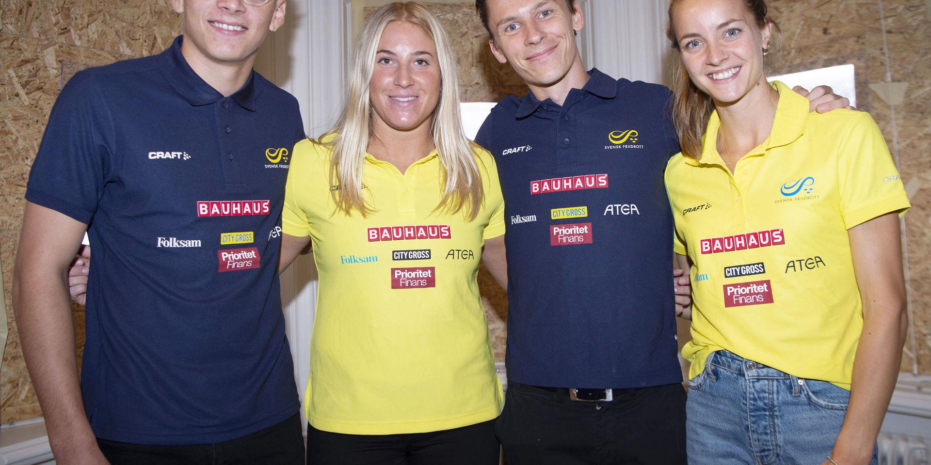 Några av de svenska deltagarna i helgen Finnkamp: Armand Duplantis (stav), Fanny Roos (kula + diskus), Andreas Almgren (800m + 1500m) och Lovisa Lindh (800m).