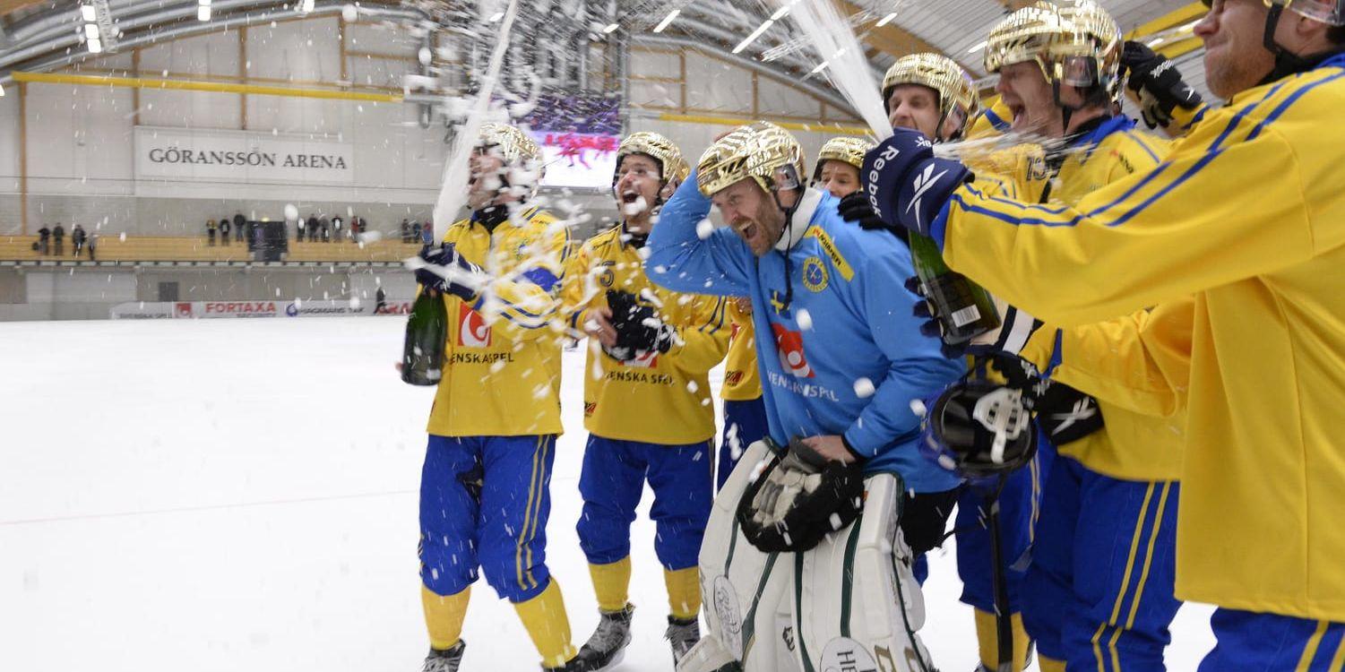 Spelarna firar Sveriges senaste VM-guld vid finalen mot Ryssland i Sandviken för två år sedan. Då blev VM en sportslig framgång för hemmanationen, men höga biljettpriser dämpade publikintresset. Nu tas nya tag, med Vänersborg som huvudort.