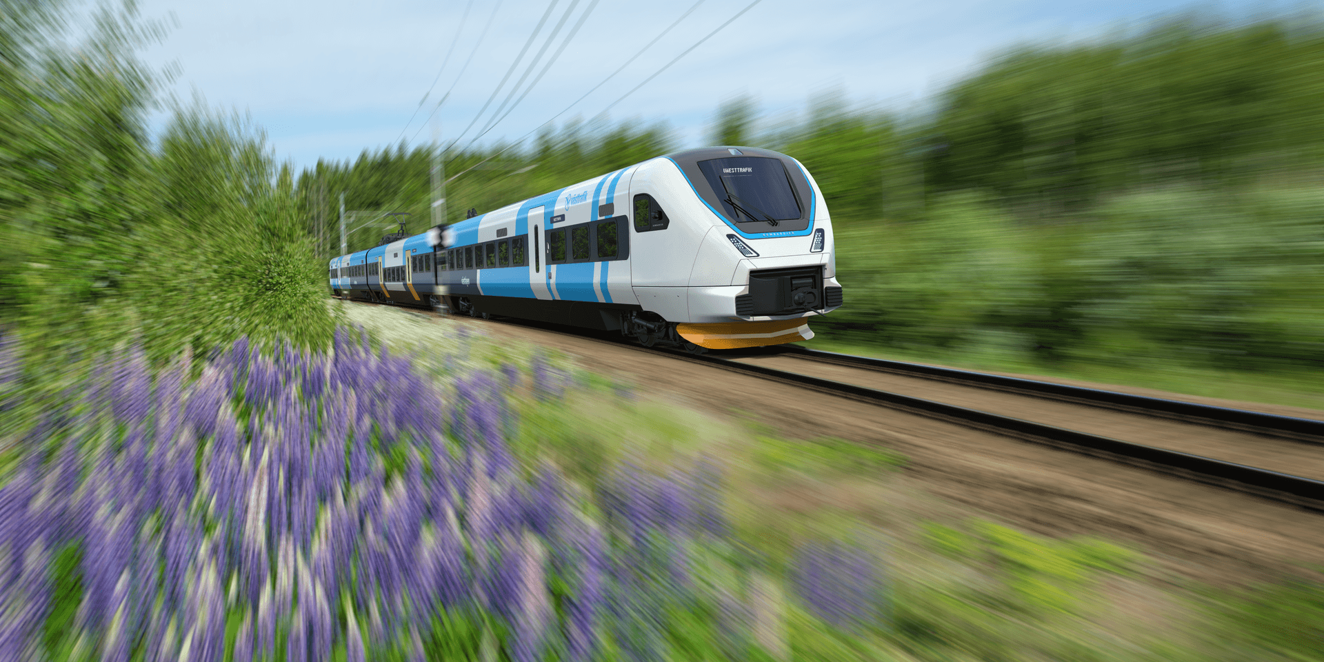 Designskiss av Västtrafiks nya tåg. Tågen blir cirka 80 meter långa och får cirka 270 sittplatser per tåg.