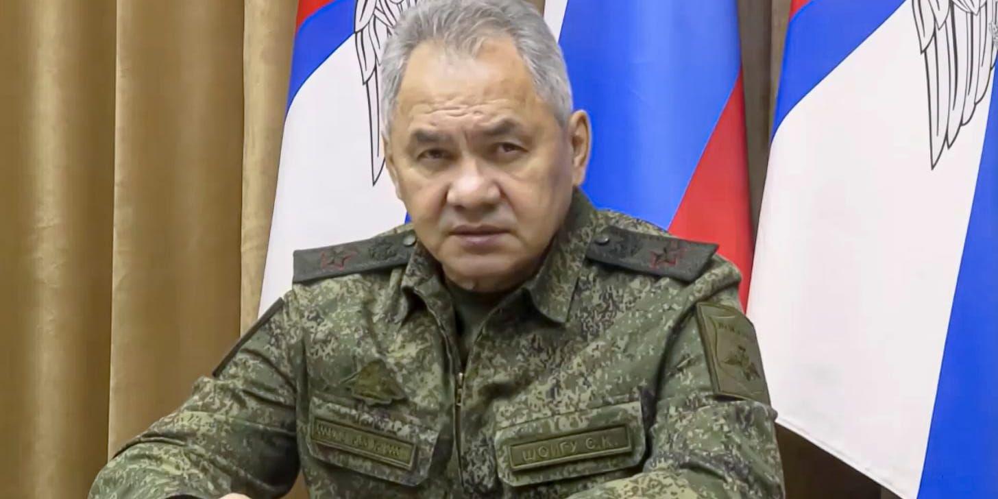 In this handout photo taken from video released by Russian Defense Ministry Press Service on Wednesday, Nov. 9, 2022, Russian Defense Minister Sergei Shoigu speaks during his meeting with the top Russian military commander in Ukraine, Gen. Sergei Surovikin. Russia's military has announced that it's withdrawing from Ukraine's southern city of Kherson and nearby areas. Shoigu agreed with his proposal to retreat and set up defenses on the eastern bank. (Russian Defense Ministry Press Service via AP)  XAZ112