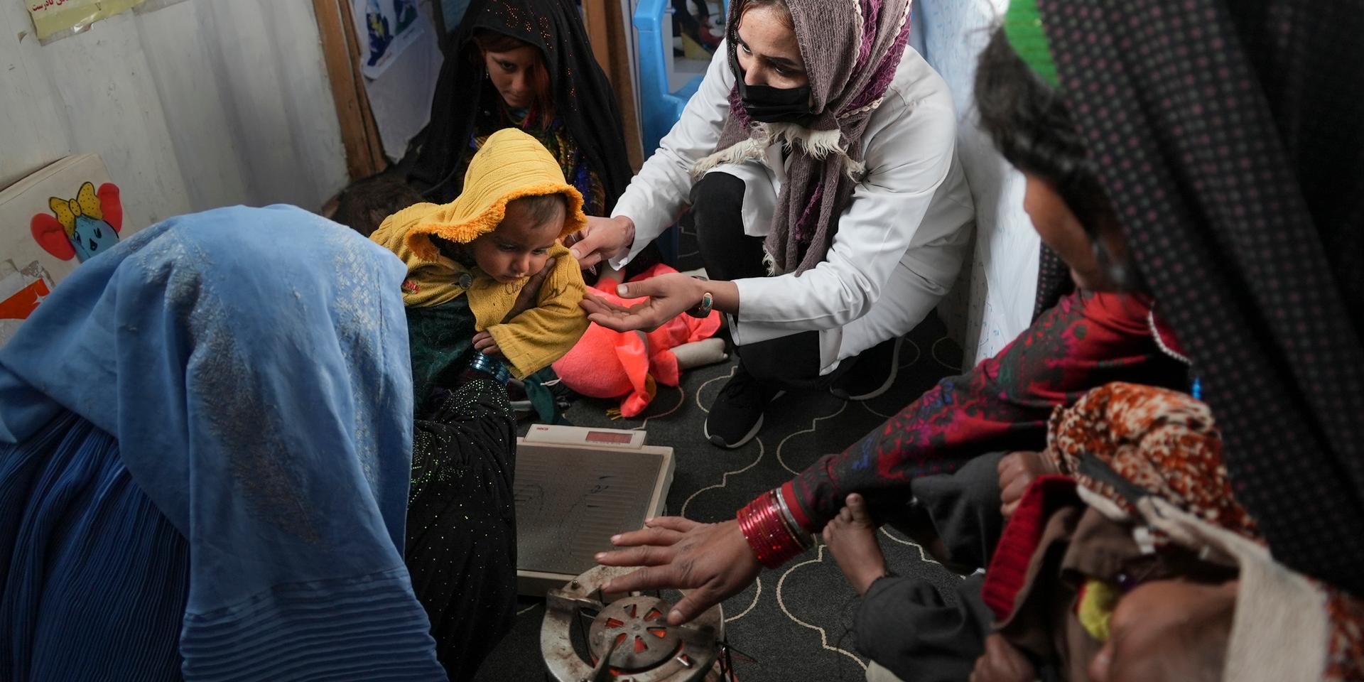 En sjuksköterska kontrollerar vikten på ett barn på en provisorisk vårdcentral nära staden Herat i nordvästra Afghanistan. FN:s världslivsmedelsprogram WFP varnar nu för en annalkande svältkatastrof.