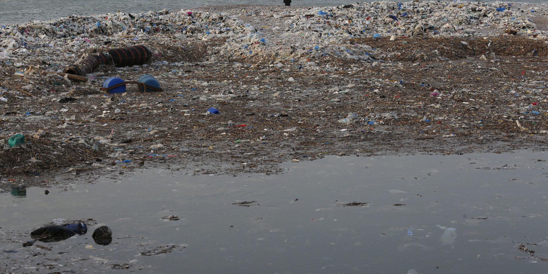 Skräp i Medelhavet. Plastskräp på en strand i Libanon. 