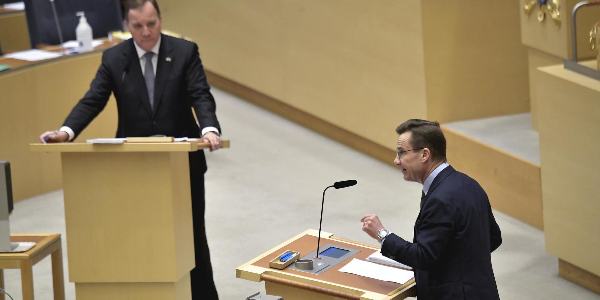 Statsminister Stefan Löfven (S) och Ulf Kristersson (M) i riksdagens partiledardebatt på onsdagen. 