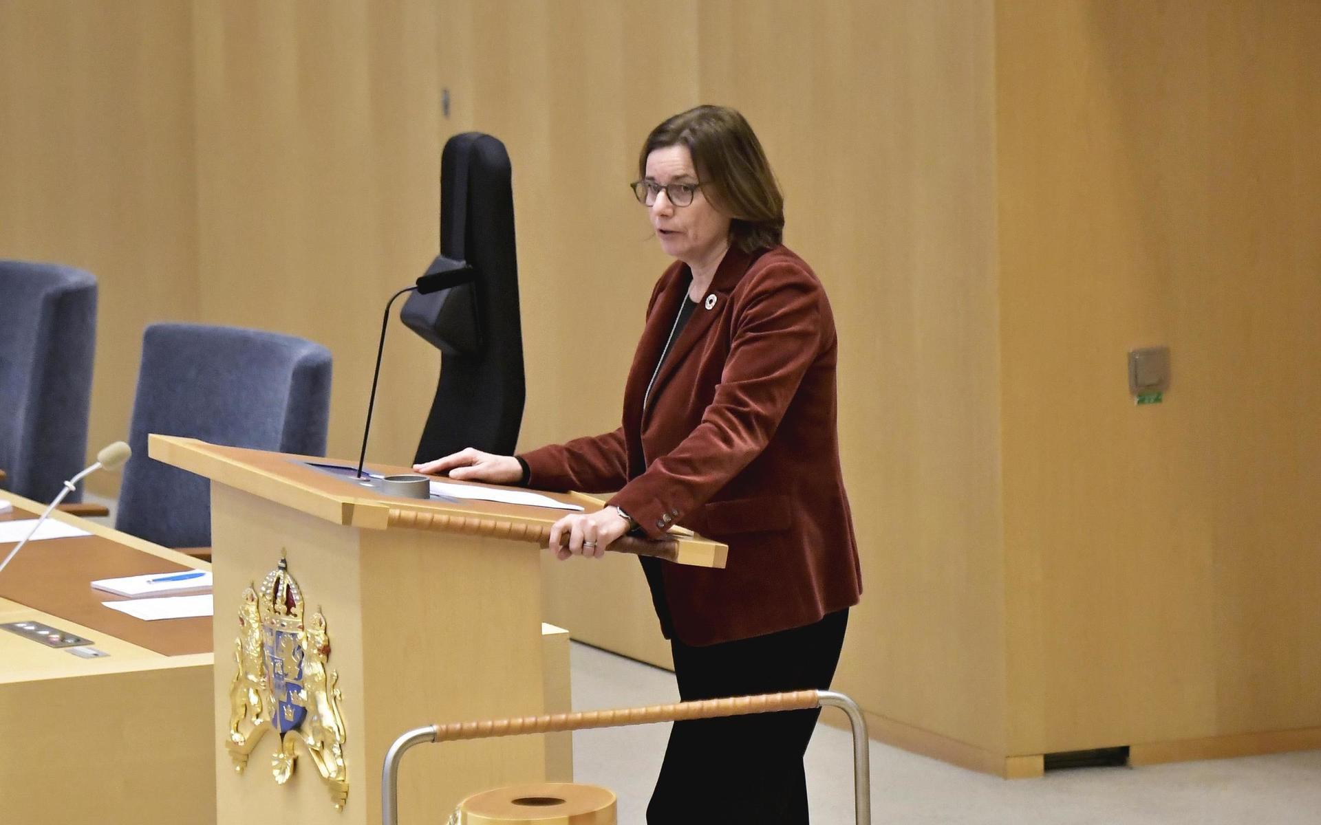 STOCKHOLM 20210113Miljöpartiets språkrör Isabella Lövin (MP)  under dagens partiledardebatt i riksdagen.Foto: Janerik Henriksson / TT 