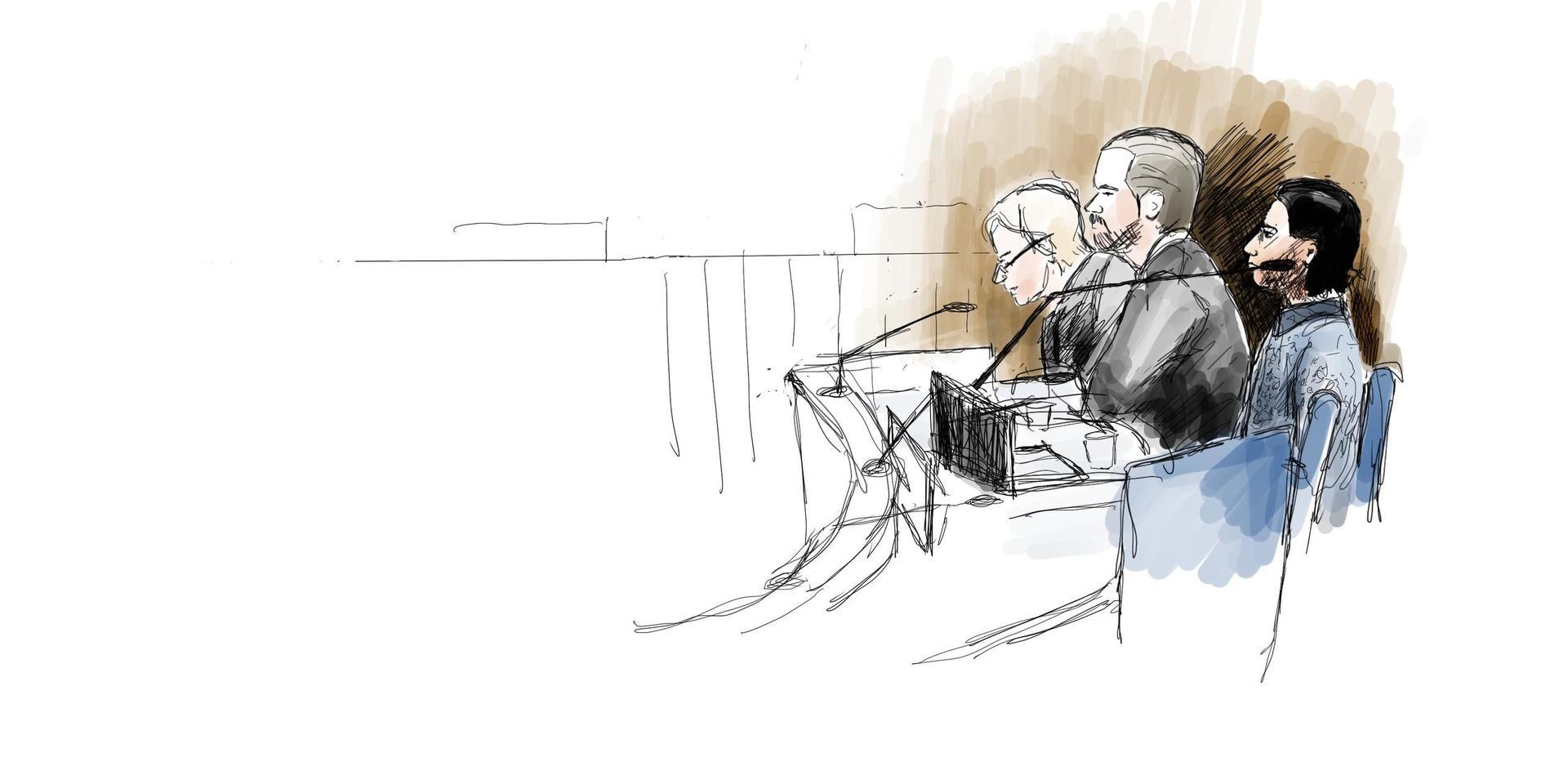 Illustration från rättegången vid Uddevalla tingsrätt. Den mordmisstänkte 23-åringen i svart hår, intill sina advokater Peter Olsson och Beatrice Rämsell. 