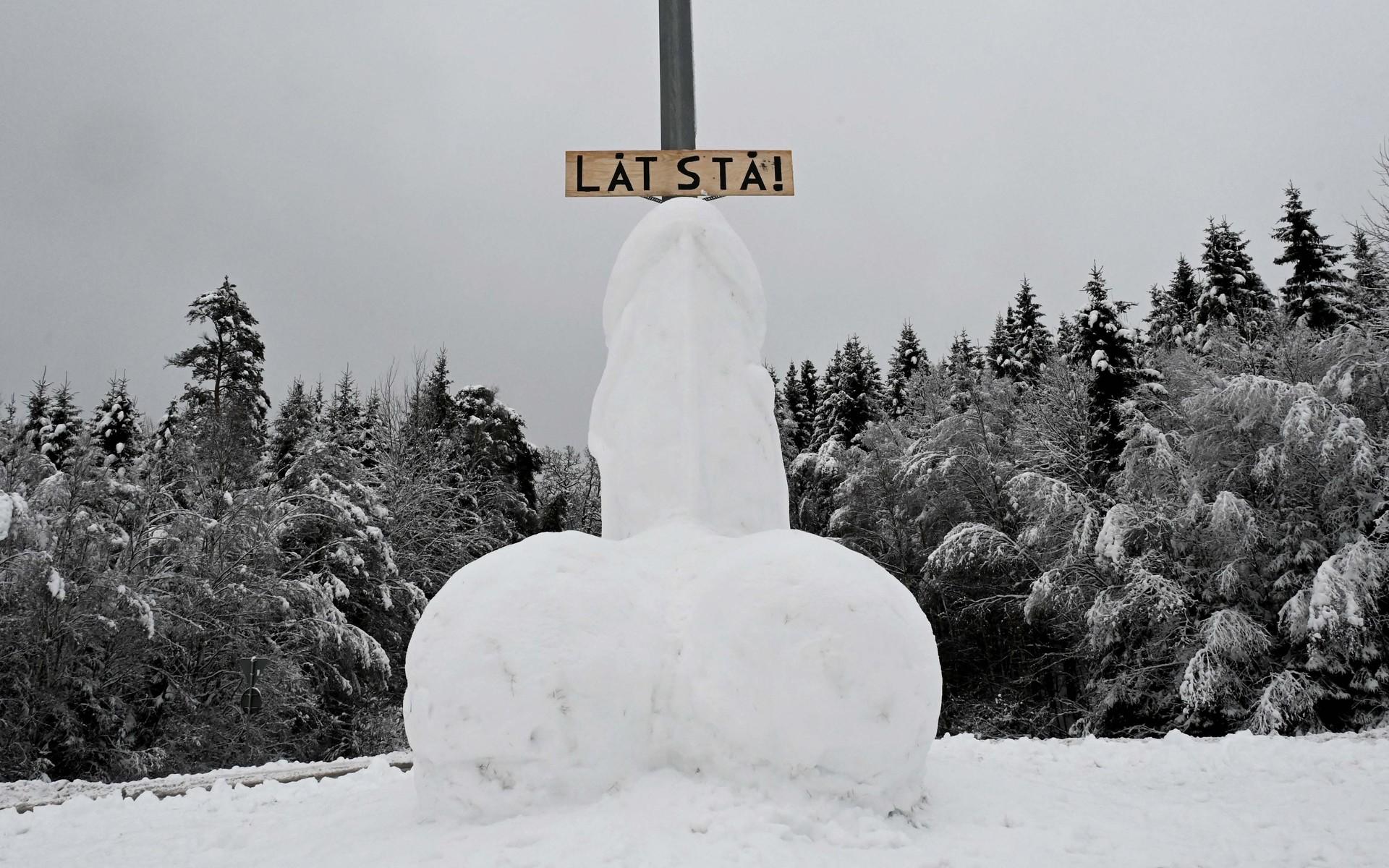 Penisstatyn i snö är tillbaka i rondellen i Dalsjöfors, i höjd med riksväg 40. 