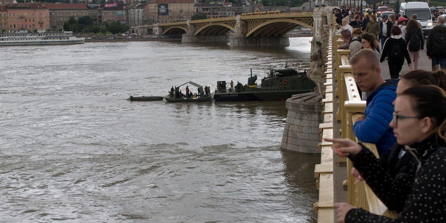 Människor samlas på en bro över Donau där räddningsarbetet pågår.