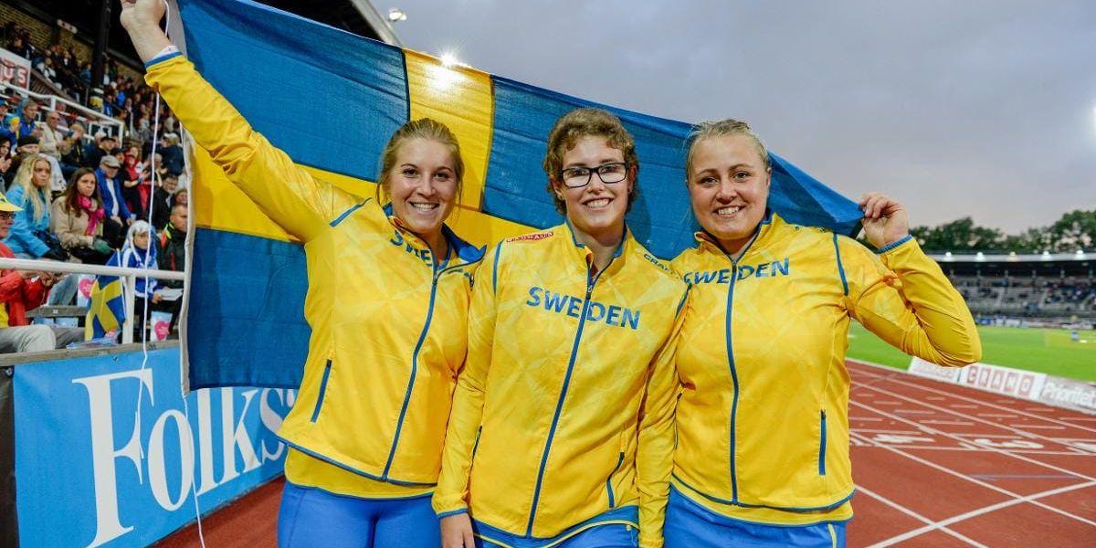 Fanny Roos, Maria Nilsson och Frida Åkerström under förra årets Finnkamp på Stockholm Stadion.