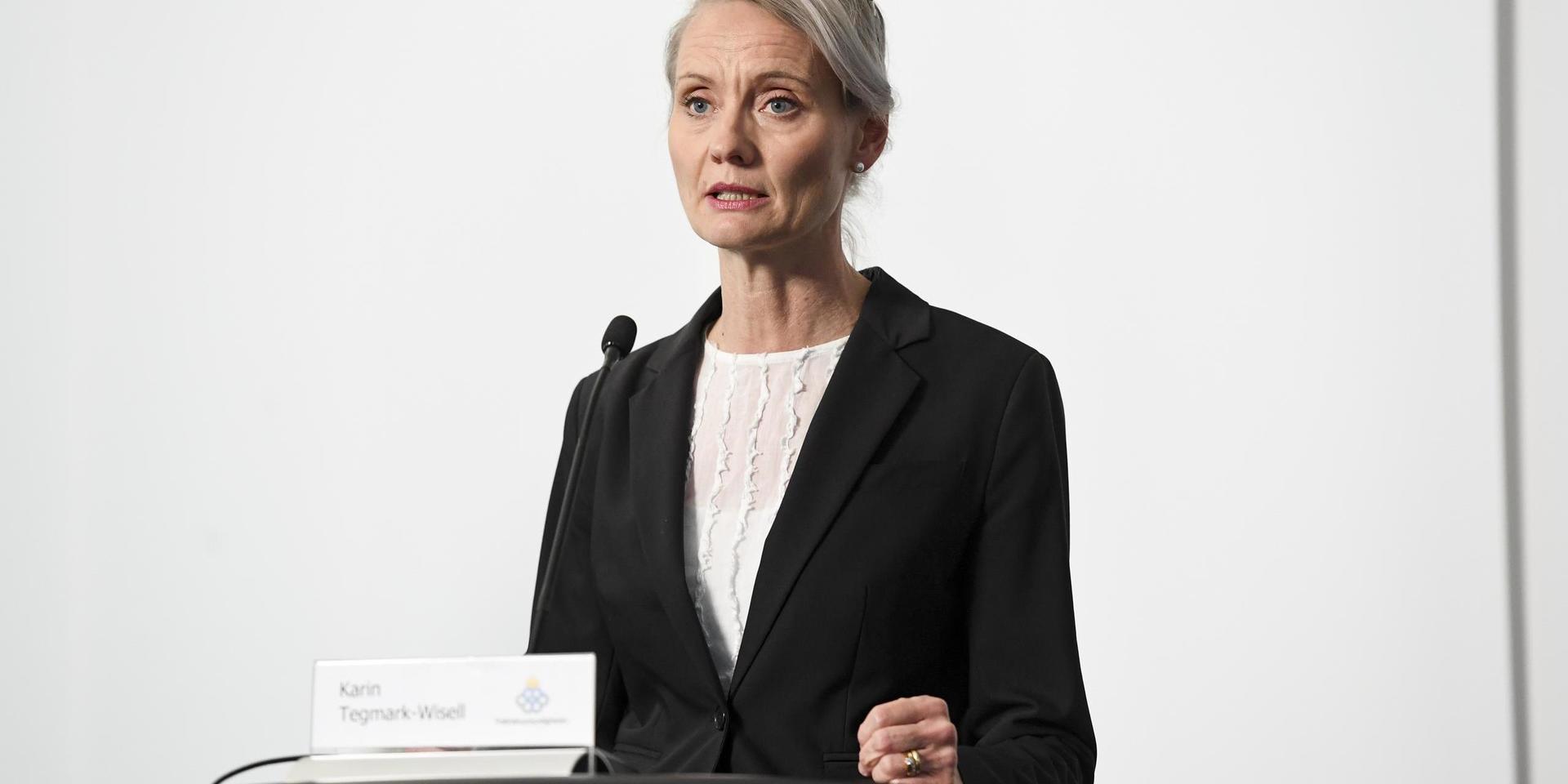 Karin Tegmark Wisell, avdelningschef vid Folkhälsomyndigheten, under tisdagens pressträff. 