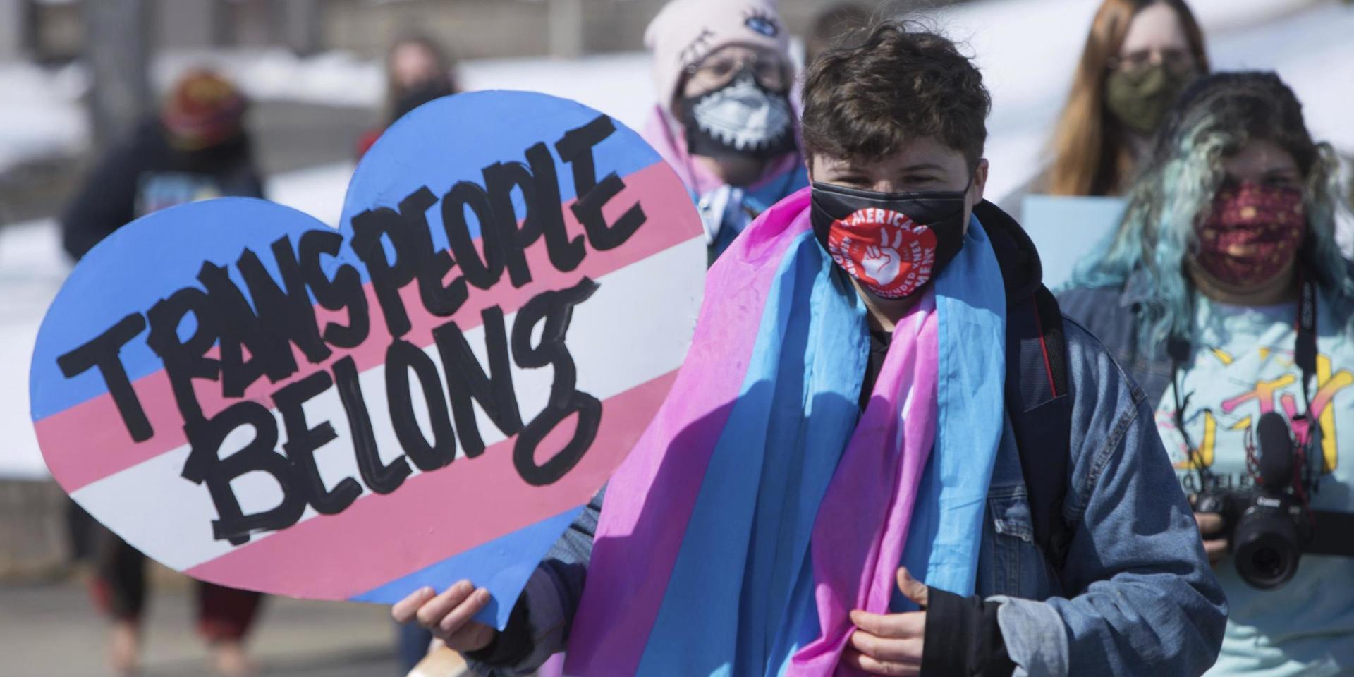 IMAGE DISTRIBUTED FOR HUMAN RIGHTS CAMPAIGN - Protestors march against a bill restricting transgender girls from sports teams in Pierre, South Dakota on Thursday, March 11. (Toby Brusseau/AP Images for Human Rights Campaign)  CPANY105