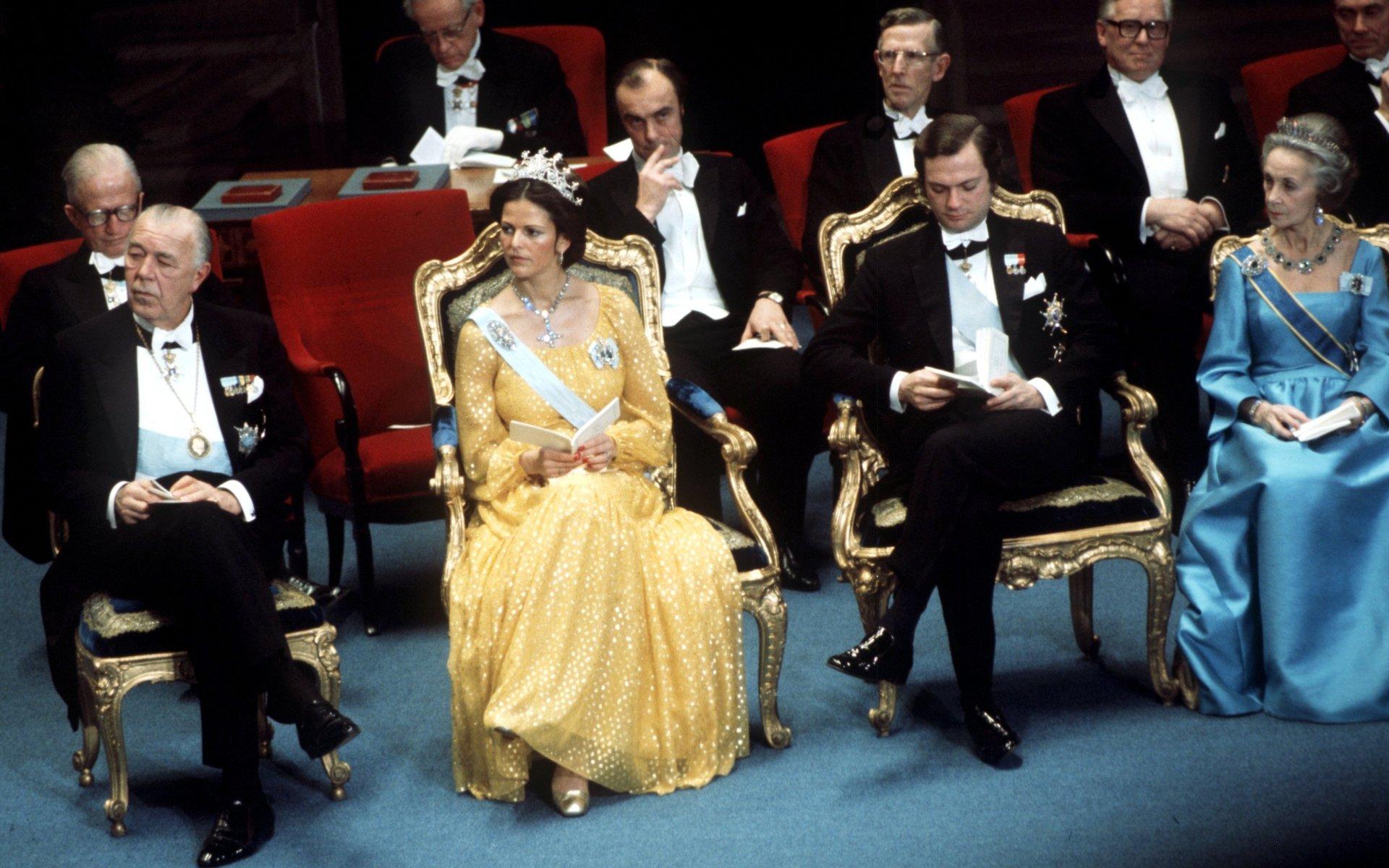 I december 1976 gjorde drottning Silvia debut på Nobelprisutdelningen.  I magen låg då en blivande kronprinsessa. Arkivbild.