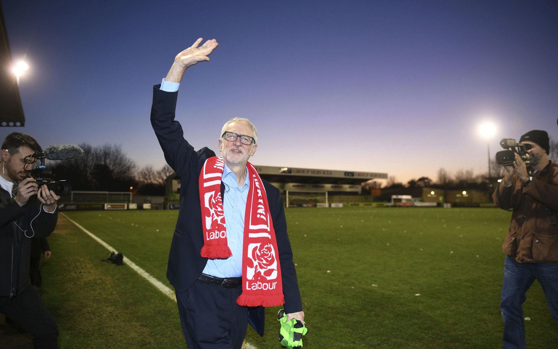 Britain&apos;s main opposition Labour Party leader Jeremy Corbyn at Forest Green Rovers soccer club, that competes in League Two, the fourth tier of English football, while on the General Election campaign trail in Nailsworth, England, Monday Dec. 9, 2019.  The UK is preparing to go to the polls in a General Election on Dec. 12. (Joe Giddens/PA via AP)  LRC816