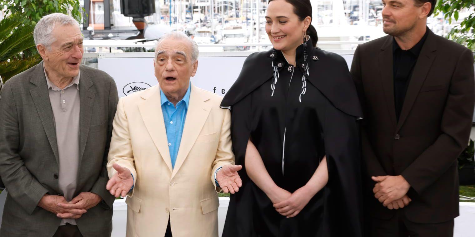 Robert De Niro, Martin Scorsese, Lily Gladstone och Leonardo DiCaprio i samband med visningen i franska Cannes av Scorseses nya film ”Killers of the flower moon”.