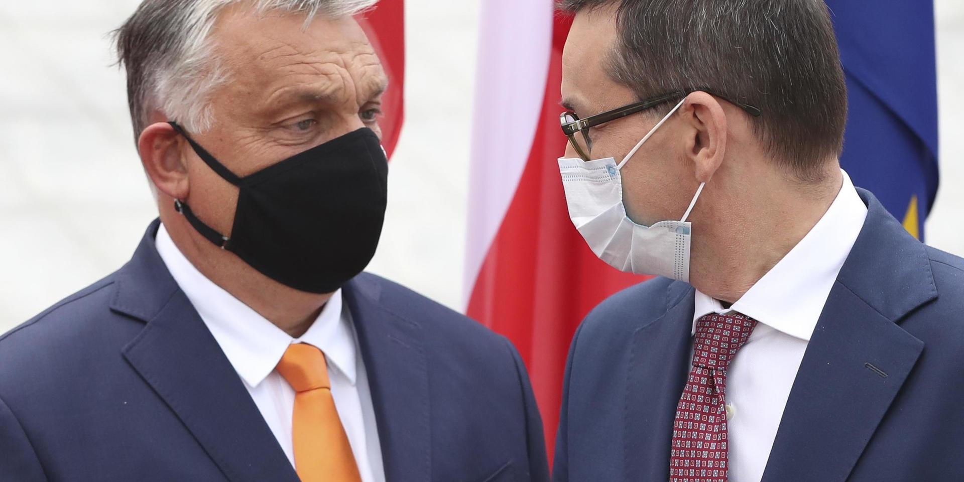 Ungerns premiärminister Viktor Orbán och Polens premiärminister Mateusz Morawiecki blockerar fortsatt EU:s långtidsbudget. Arkivbild.