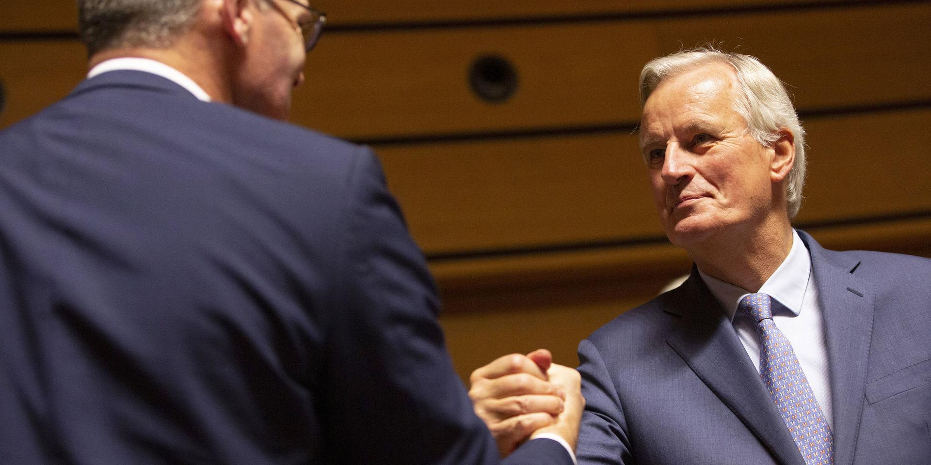 EU:s brexitförhandlare Michel Barnier (till höger) skakar hand med Irlands utrikesminister Simon Coveney på tisdagens EU-möte i Luxemburg.
