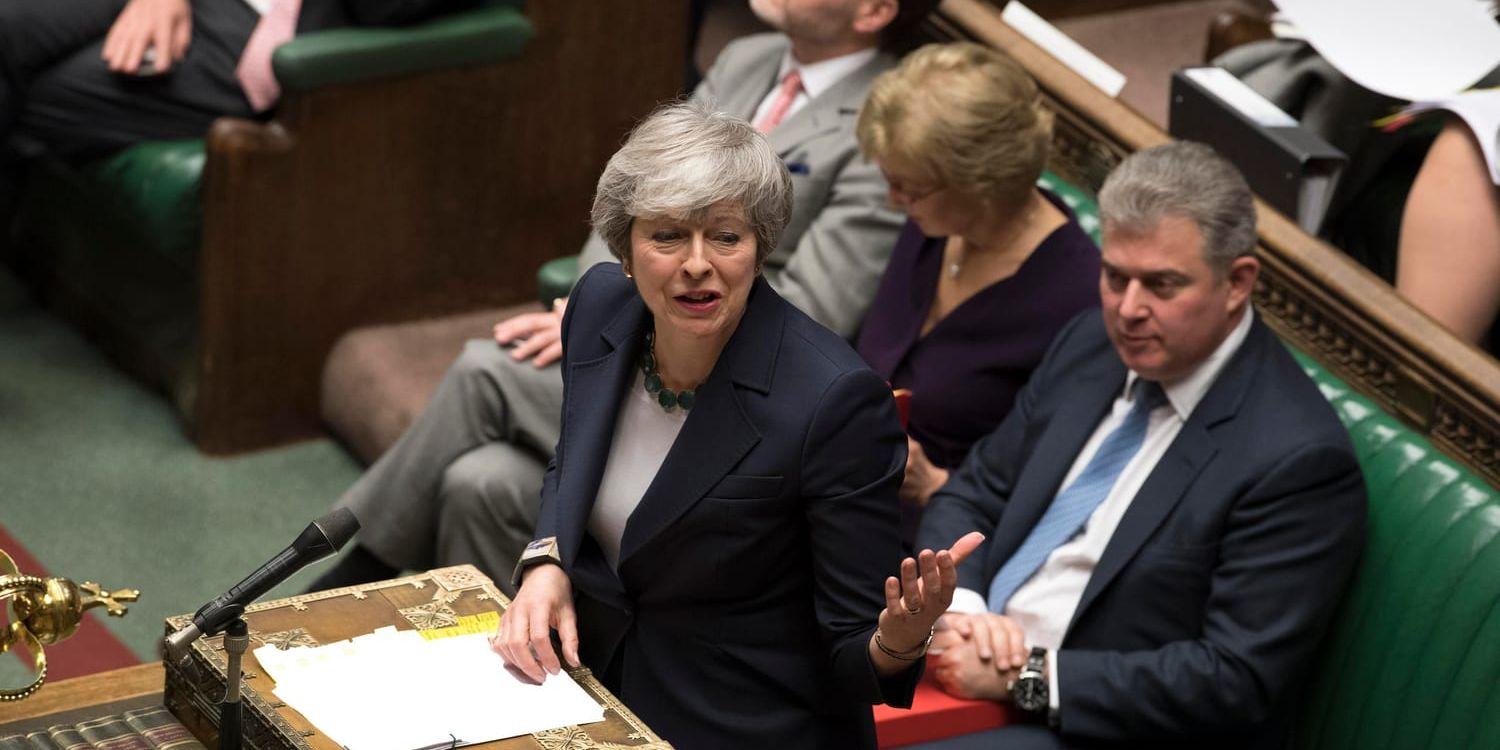 Storbritanniens premiärminister Theresa May med ett hest anförande i parlamentet.