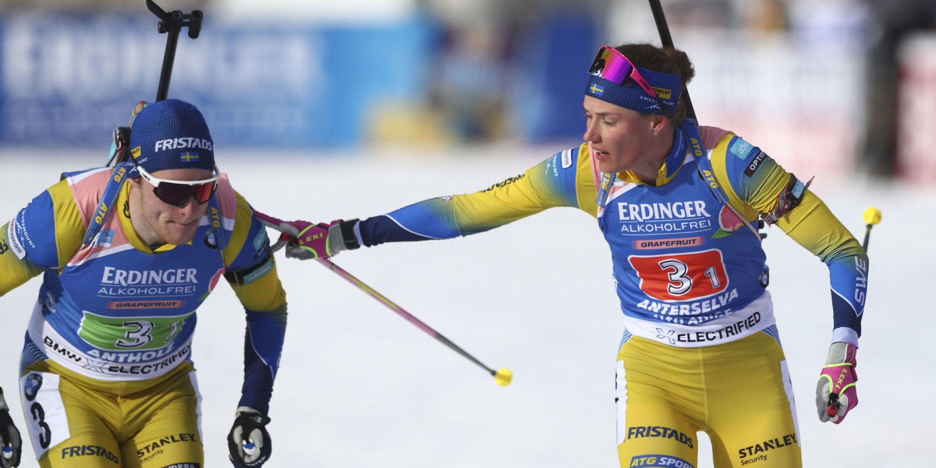 Hanna Öberg och Sebastian Samuelsson slutade fyra i singelmixedstafetten i Antholz.