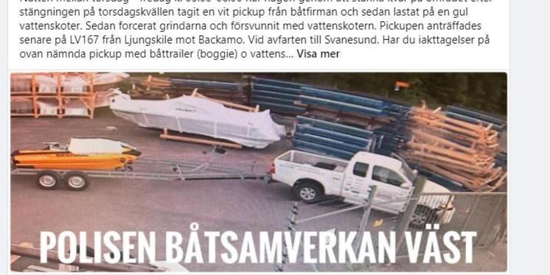 Polisens Båtsamverkan Väst har publicerat en bild från en övervakningskamera, som visar hur en pickup lastad med en vattenskoter stjäls från en båtfirma i Uddevalla.