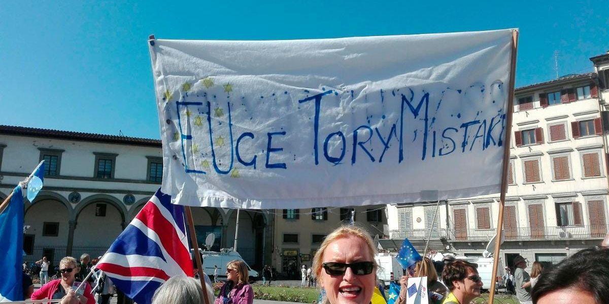 Stort misstag. Brexit-motståndare protesterar mot premiärminister Theresa May.