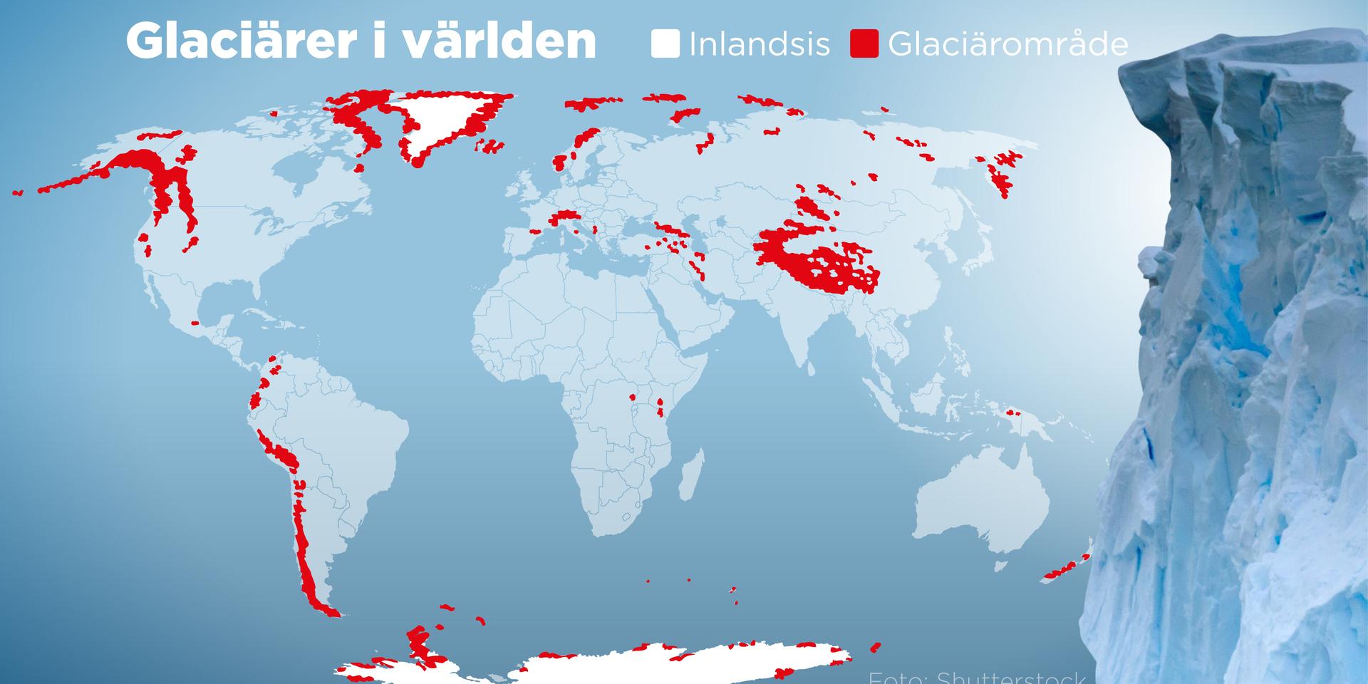Kartan visar inlandsisar och glaciärområden i världen.