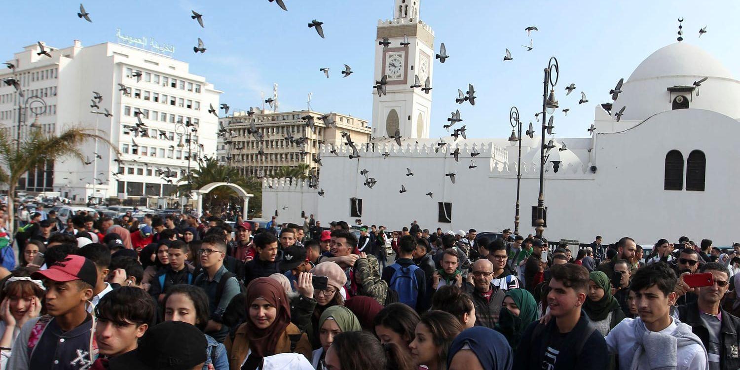 Gymnasieelever marscherar i huvudstaden Alger på söndagen.