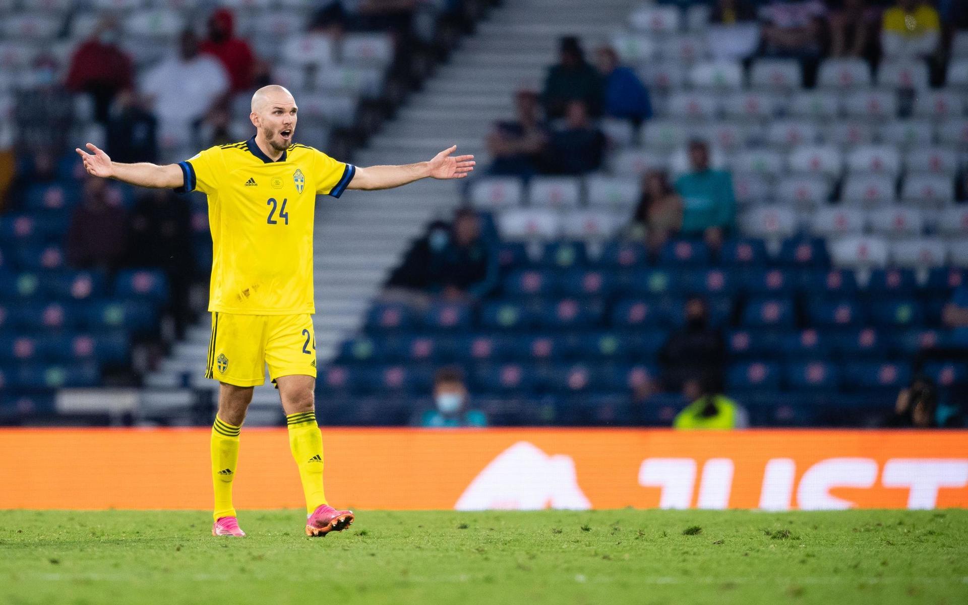 Marcus Danielson of Sweden looks dejected after a red card during the UEFA Euro 2020 Football Championship round of 16 match between Sweden and Ukraina on June 29, 2021 in Glasgow.