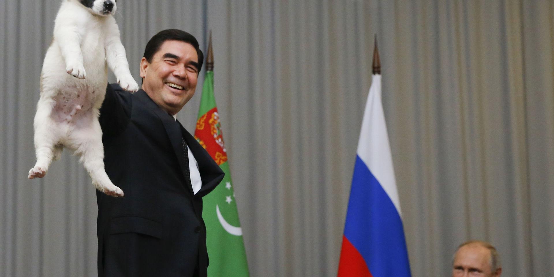 Turkmenistans president Gurbanguly Berdymuchamedov ger sin ryske motsvarighet Vladimir Putin en hundvalp under ett möte i Sotji 2017.