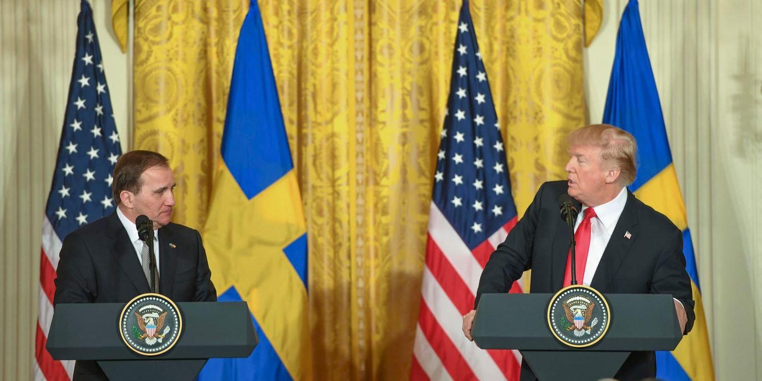 Sveriges statsminister Stefan Löfven och USA:s president Donald Trump under en gemensam pressträff i Vita huset i fjol.