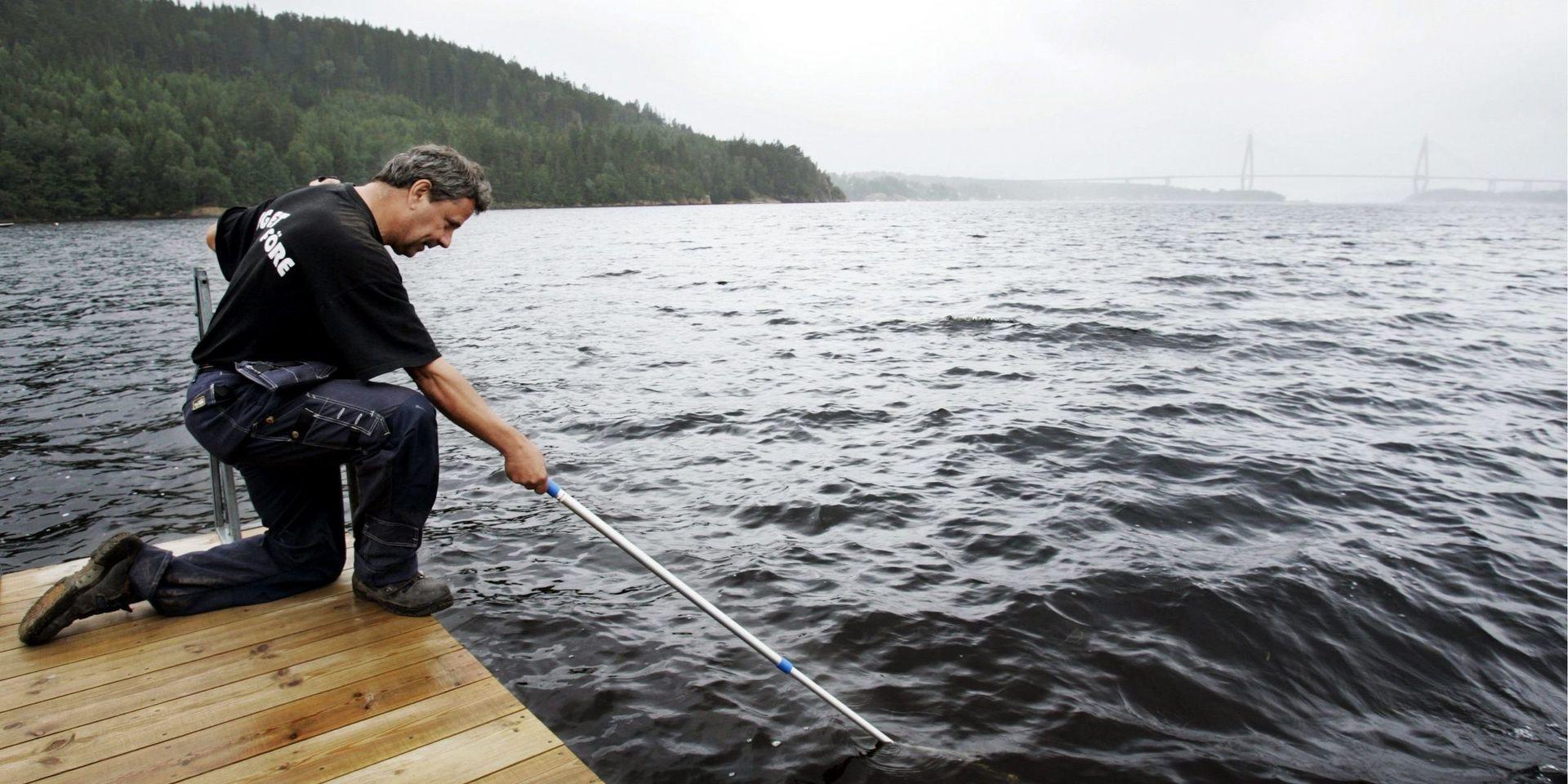 Tommy Olsson tar vattenprov på Lindesnäs badplats